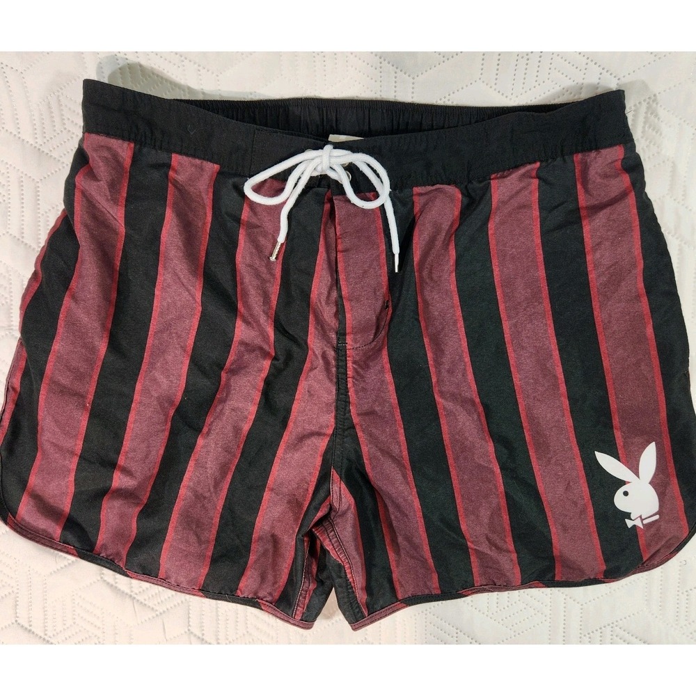 Playboy Swim Trunks by Pacsun Men's XL Red‎ Black Striped Bunny Logo Tie Closure